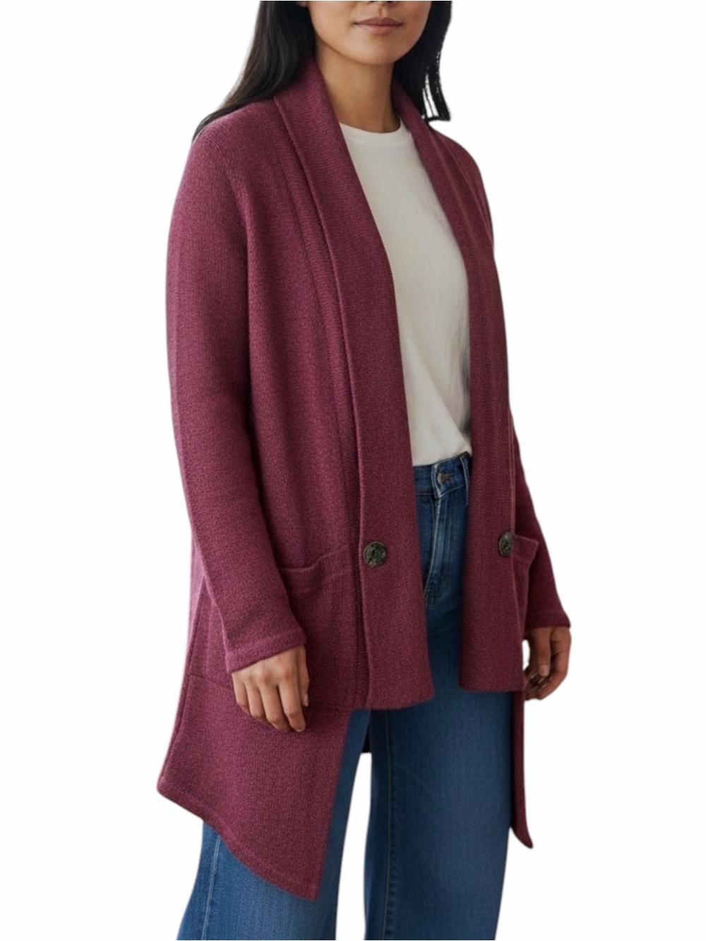 CMC Color Me Cotton Burgundy Long Line Asymmetric Cotton Cardigan - Small